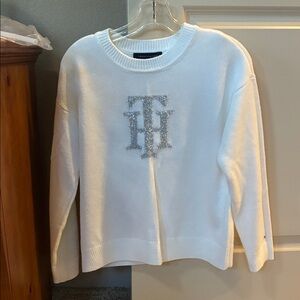 Tommy Hilfiger Women's White Sweater with Silver TH Logo - Small